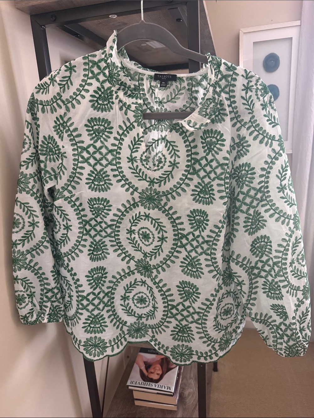 Talbots White Cotton Blouse with Green Embroidered Medallions